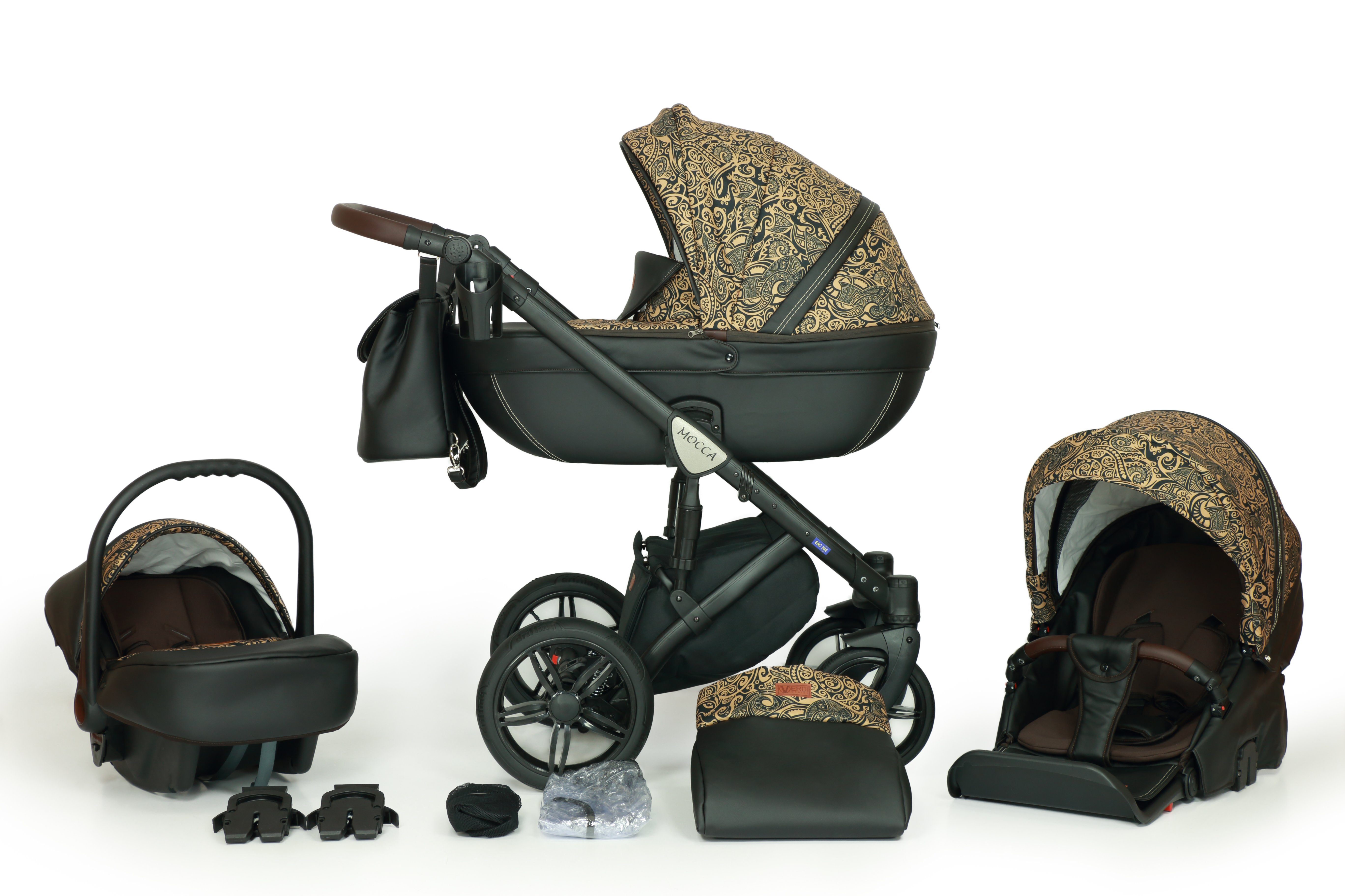 Stroller Pram Travel system with Isofix Eco Leather Mocca 3in1 Bello Babies